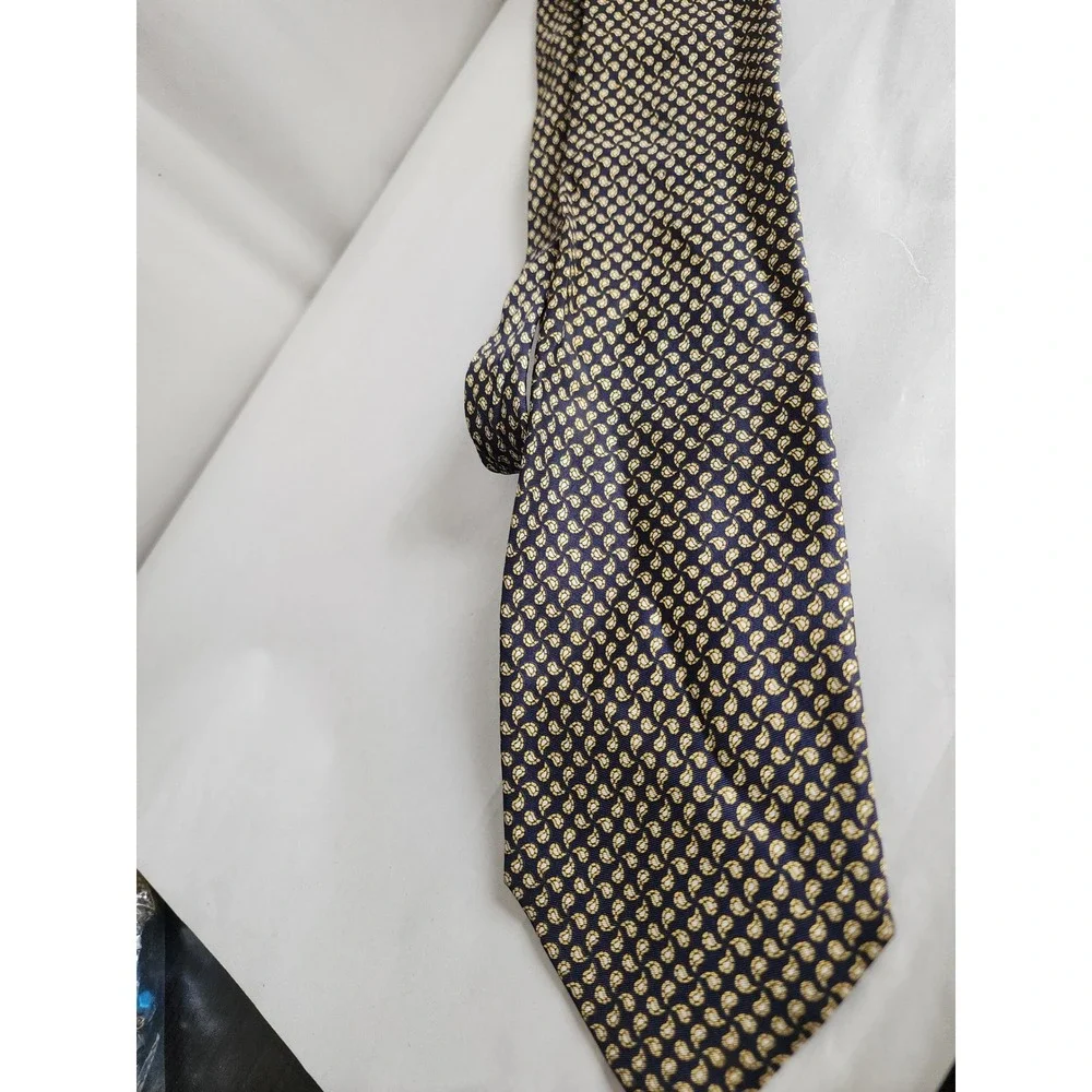 Angelique Paris Silk Tie Navy Blue Gold Micro Paisley Made in Italy Men Acc.
